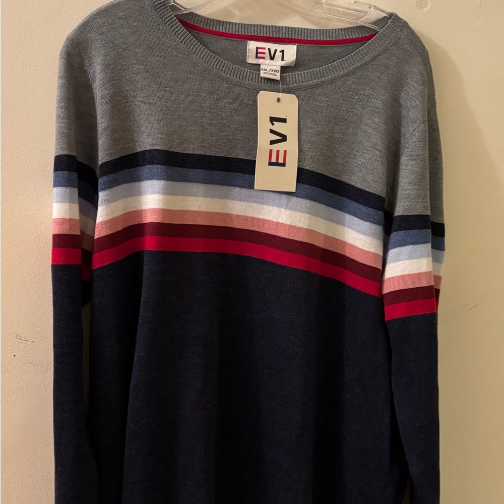 EV1 Women's Striped Crew Neck Sweater - Gray and Red
